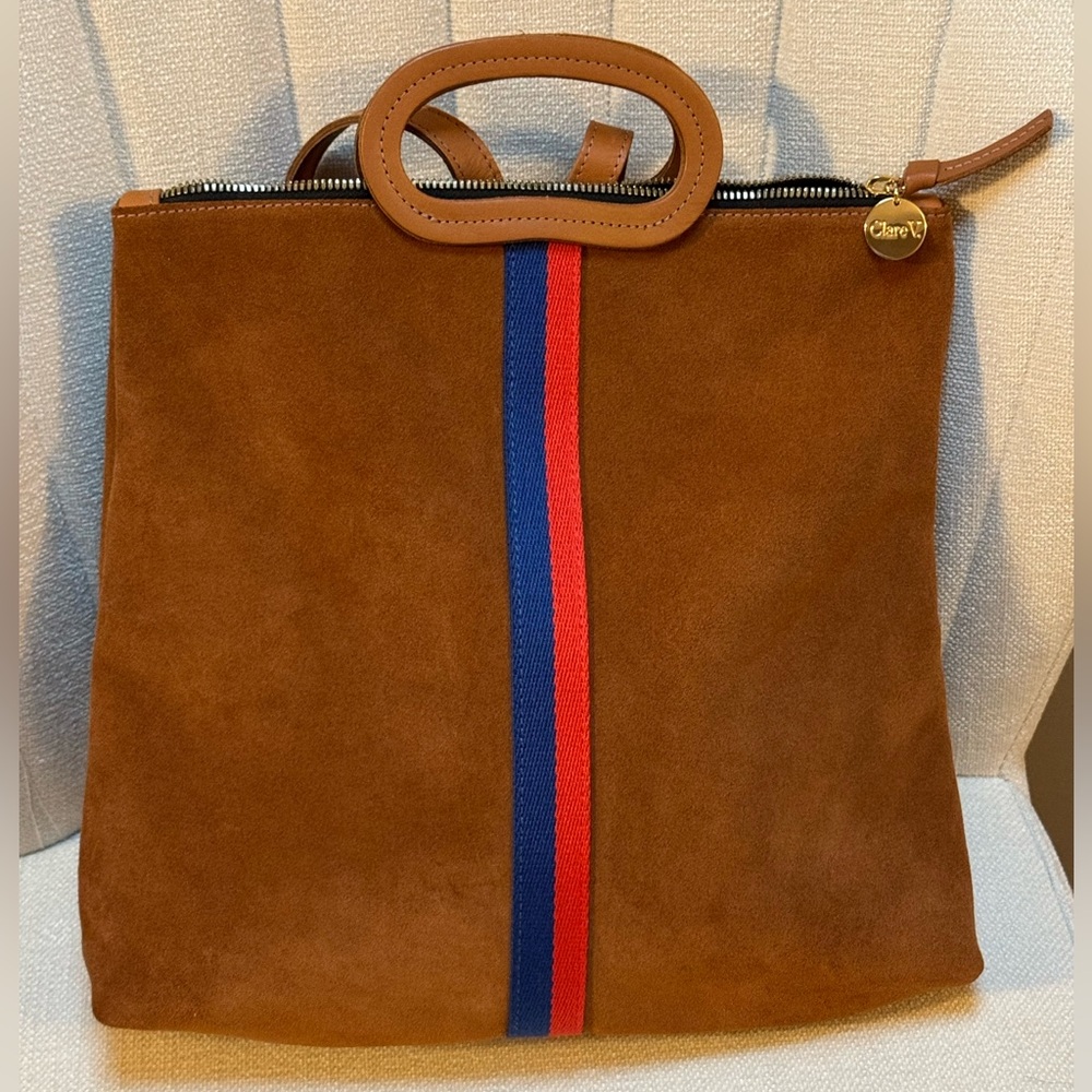 Clare V Brown Suede Backpack with Blue and Red Stripe